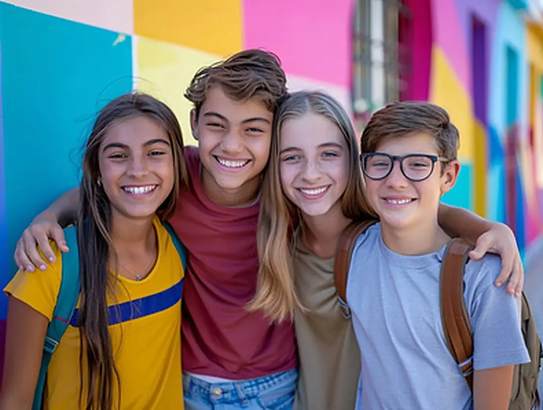 Quatro adolescentes sorrindo, abraçados, com mochilas, em frente a uma parede colorida